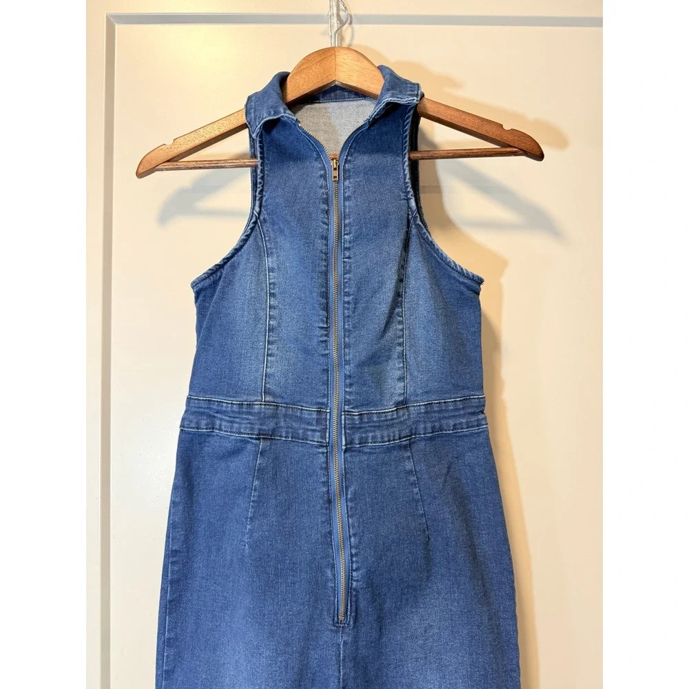Women's Retro High‎ Waist Flare Leg Denim Jumpsuit Zip Front Size Large